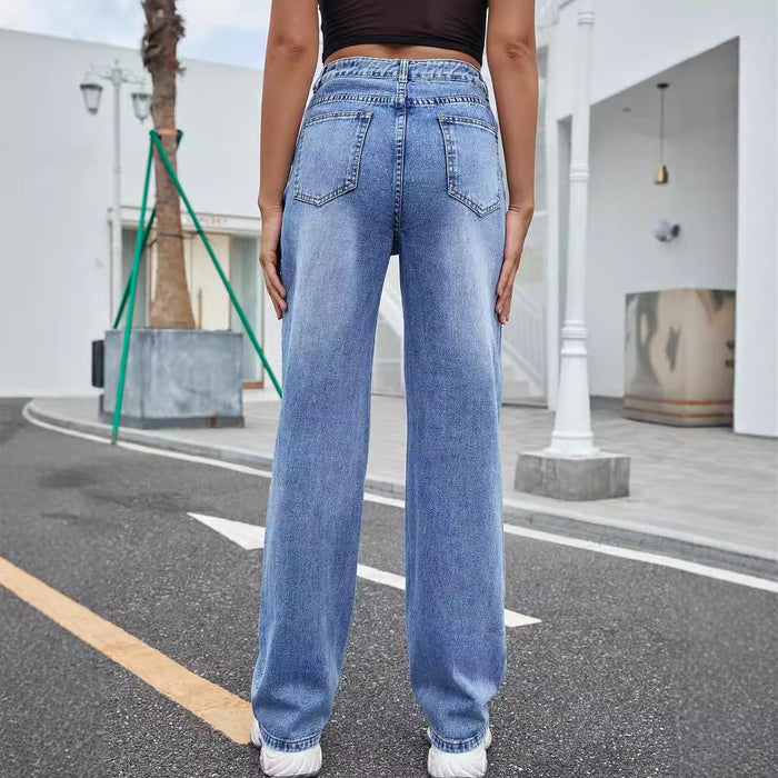 Women Clothing Lace up Straight Loose High Waist Jeans Trousers