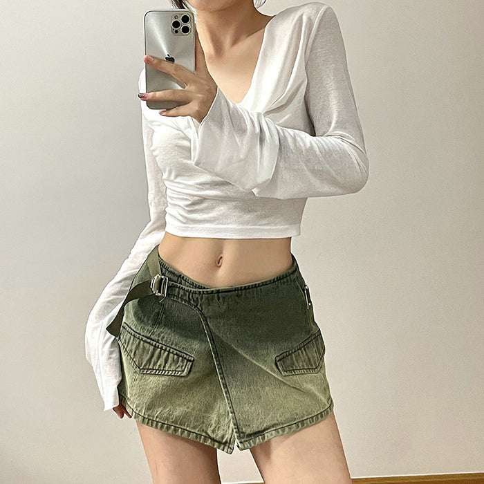 Summer Women Clothing Sexy Solid Color Pleating Hooded Slim Fit Waist Exposed Cropped Sun Protective Clothing