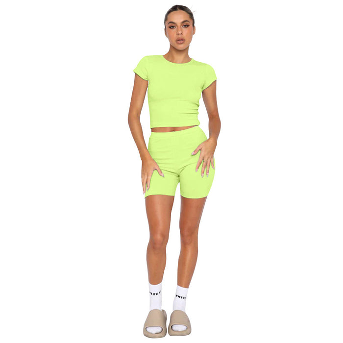 Summer Solid Color round Neck Pullover Short Sleeve Women Two Piece Casual Shorts Suit