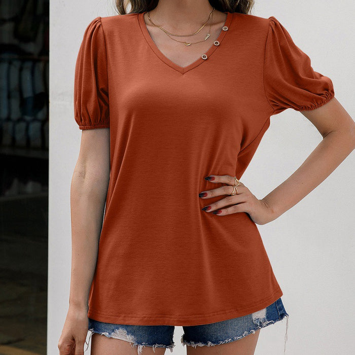 Loose Casual V neck Pullover Short Sleeve T shirt Solid Color Puff Sleeve Shirt Top Women