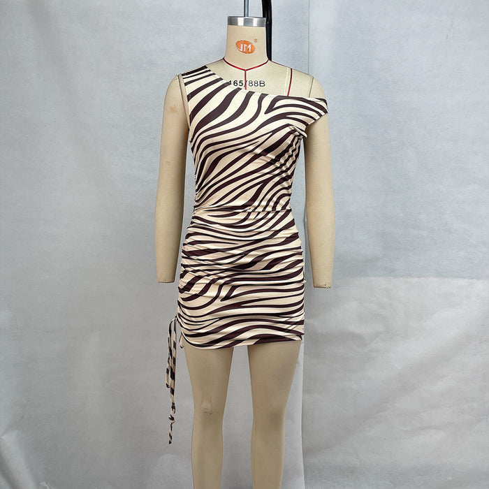 Women Round Neck Sleeveless Fitted Waist Pleated Drawstring Zebra Print Sheath Dress Women