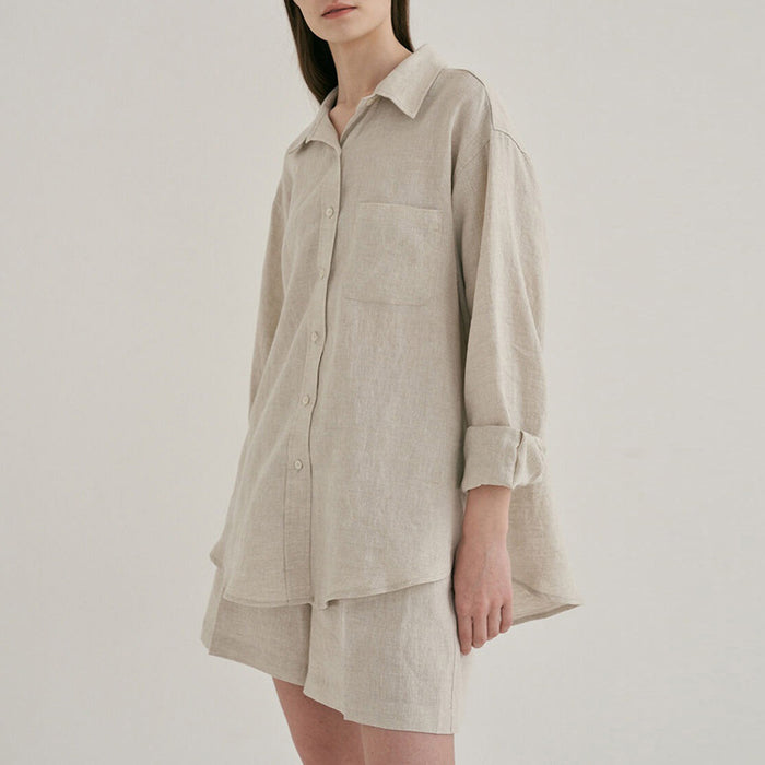 Women Linen Shirt Shorts Casual Set Loose Casual Laid Back Cotton Linen Shirt Two Piece Set