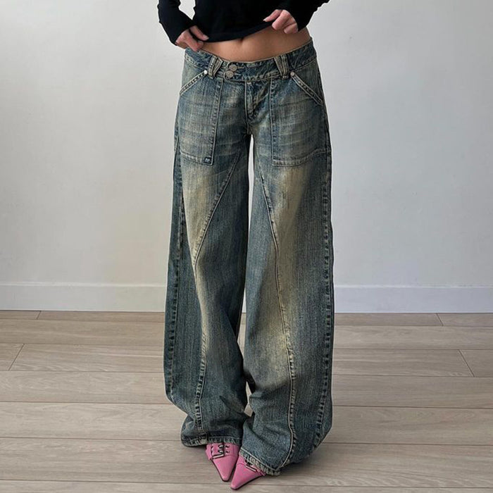 590.0Retro Distressed Irregular Asymmetric Split Pocket Jeans Low Waist Sexy Loose Casual All Matching Wide Leg Pants