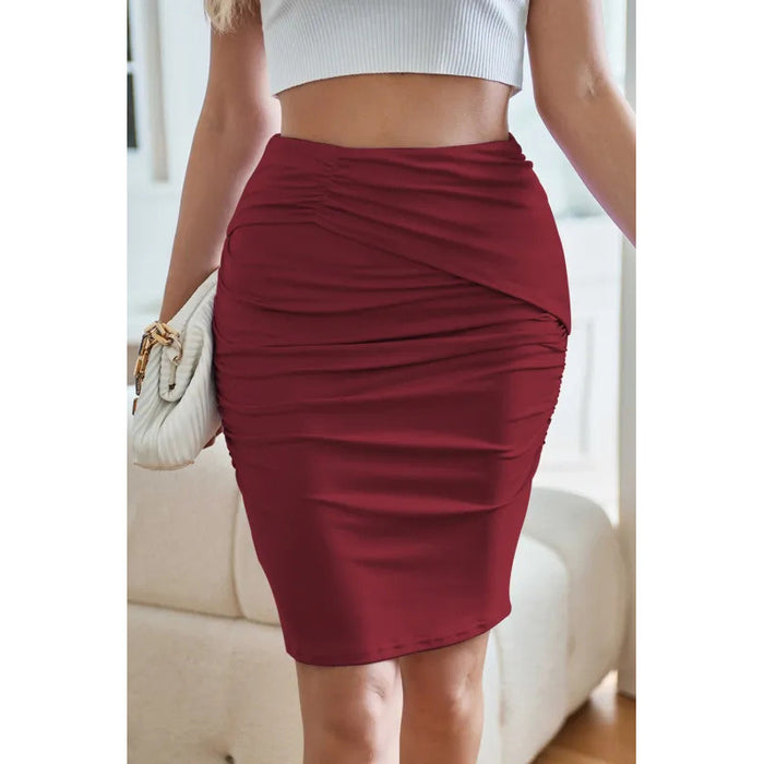 Women Clothing Solid Color Pleated Solid Color Knee Length Skirt