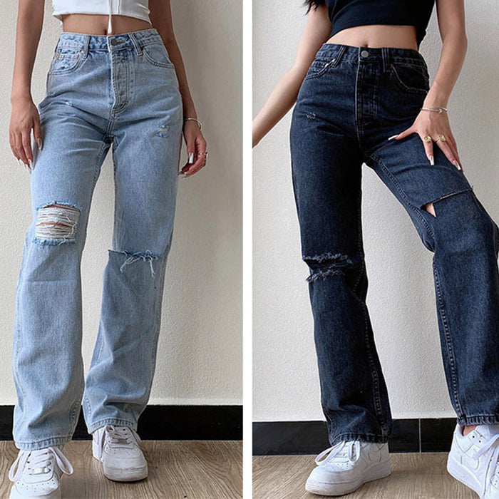 Women Jeans Casual Wide-Leg Washed Ripped Mid-Waist Jeans for Women