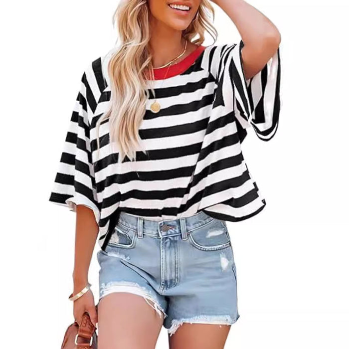 Women Summer Striped T shirt Short Sleeve Color Matching Design Loose Basic T shirt Top