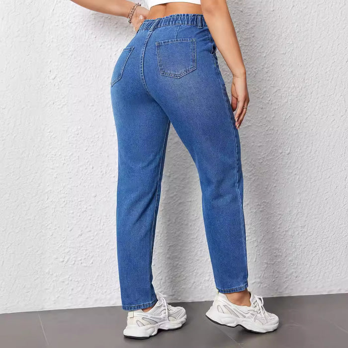 Women Elastic Straight Jeans Popular Casual Slimming Blue Color Trousers Spring Summer