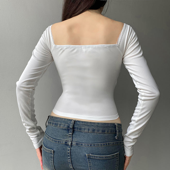 Fresh Basic Solid Color Lace Square Collar Shoulder T shirt Slim Bottoming Shirt