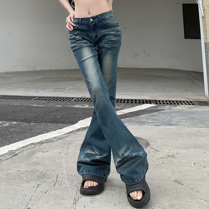 Street Design Gradient Split Stitching Bell Bottom Pants Sexy High Waist Slimming Worn Looking Washed out Jeans