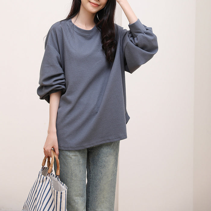 Japanese Korean Summer Waffle Women T shirt round Neck Solid Color All Matching Loose Long Sleeve