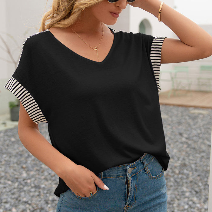 Summer Women Clothing Striped Stitching V neck Short Sleeve Loose T shirt Top Women