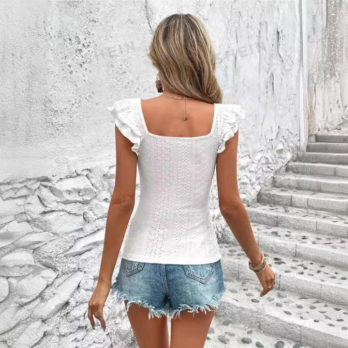 Women Clothing Summer Square Collar Ruffled Slim T shirt for Women