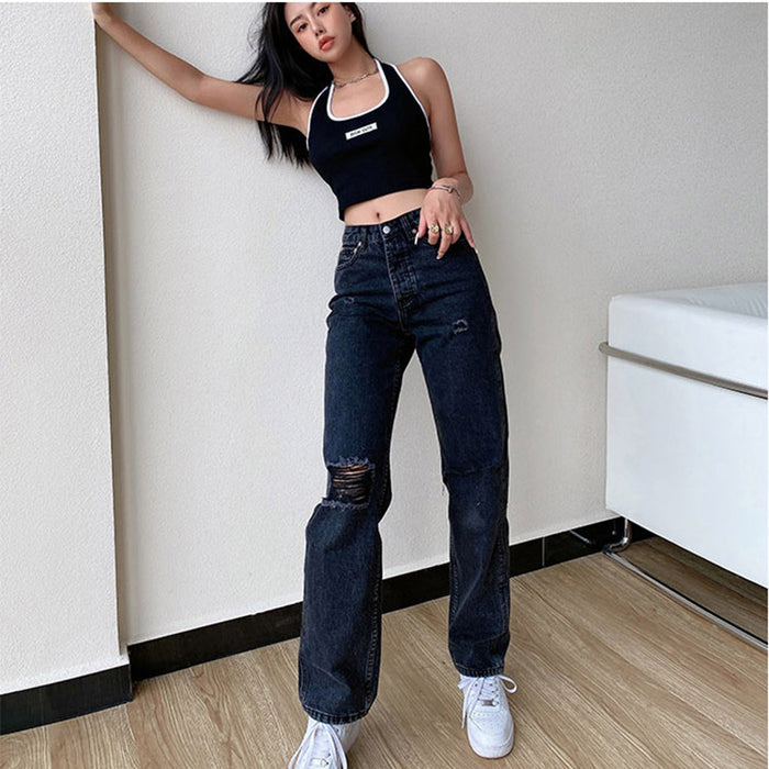 Women Jeans Casual Wide-Leg Washed Ripped Mid-Waist Jeans for Women