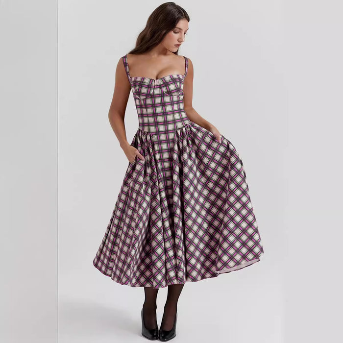 European Girl Summer U Neck Plaid Sling Slim Waist Retro Big Swing Dress Women