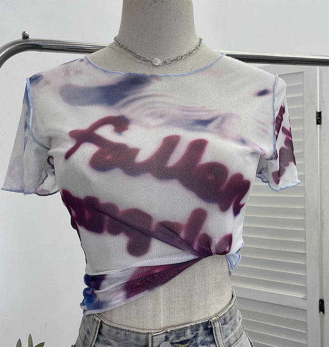 Popular Single Layer Thin Mesh Tie Dyed Printed Slim Fit Short Sleeved T Shirt Women Summer Short Sexy Top