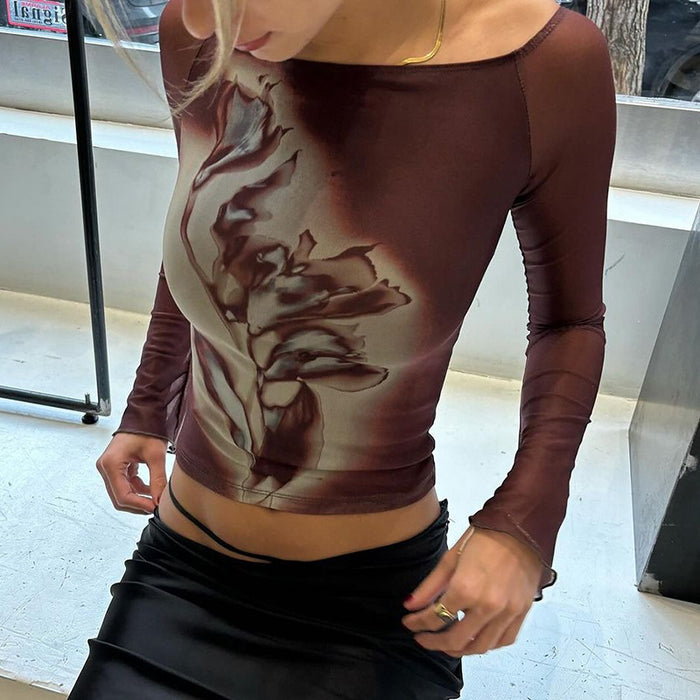 Retro Mesh Floral Print Off Neck Long Sleeve Short Cropped Top Women