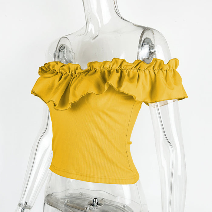 Elegant Women Clothing Solid Color Sexy Off The Shoulder Ruffled Decorative Top