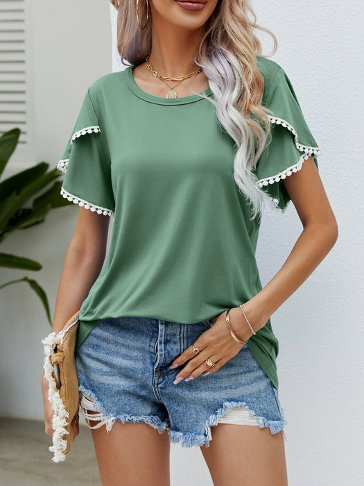 Women Clothing Summer Round Neck Tassel Tulip Sleeve T Shirt Casual Top Women