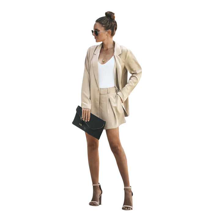 Women Clothing Spring Autumn Simple Collared Small Suit Long Sleeve Two-Piece Suit Casual Shorts Suit