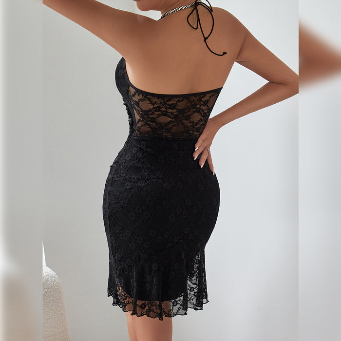 Charming Sexy Lace Pleating Wooden Ear Design Rope Halter Hip Hugger Black Dress