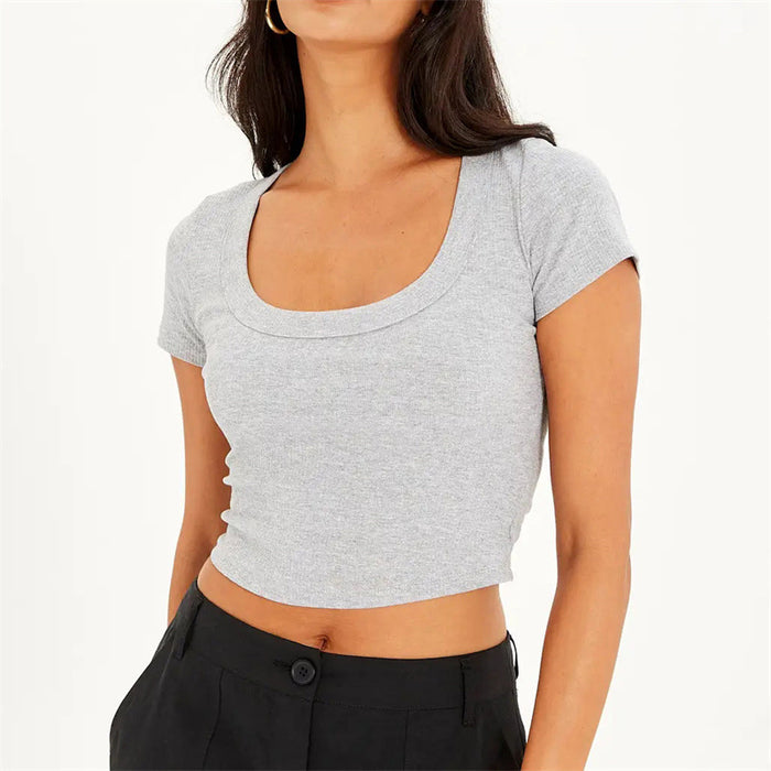 Spring Summer Sexy Short U Neck T shirt Women Cotton Rib Cropped Top Women Short Sleeve Slim Fit Slimming