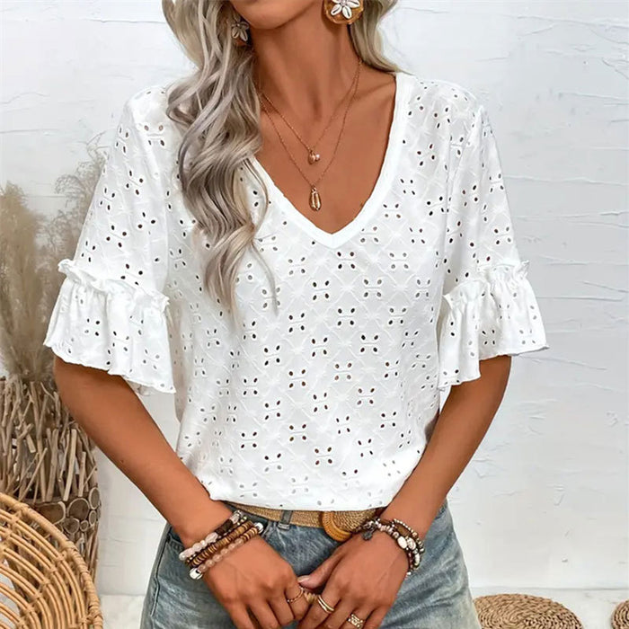 Women Knitted Embroidered Hollow Out Cutout Ruffled V neck Short Sleeved Shirt Women T shirt Women Spring Autumn