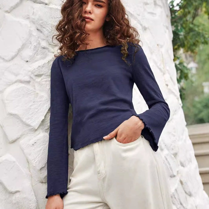 Early Autumn Top Round Neck Stringy Selvedge Flare-Sleeve Long Sleeve Knitted Bottoming Shirt