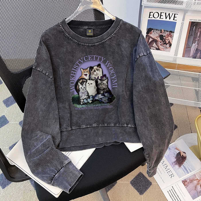 Brand Niche Washed Distressed Letters Printed Long T Shirt Women Washed Vintage Pure Cotton O neck Short Sweater