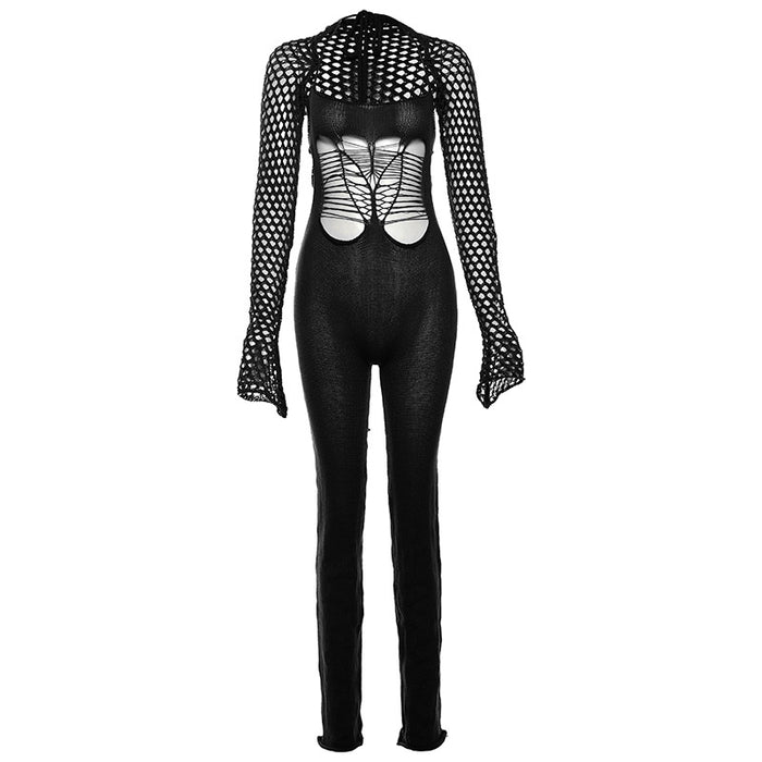 Spring Sexy Backless Low Collar Mesh Jacquard High Waist Trousers Tight Jumpsuit for Women