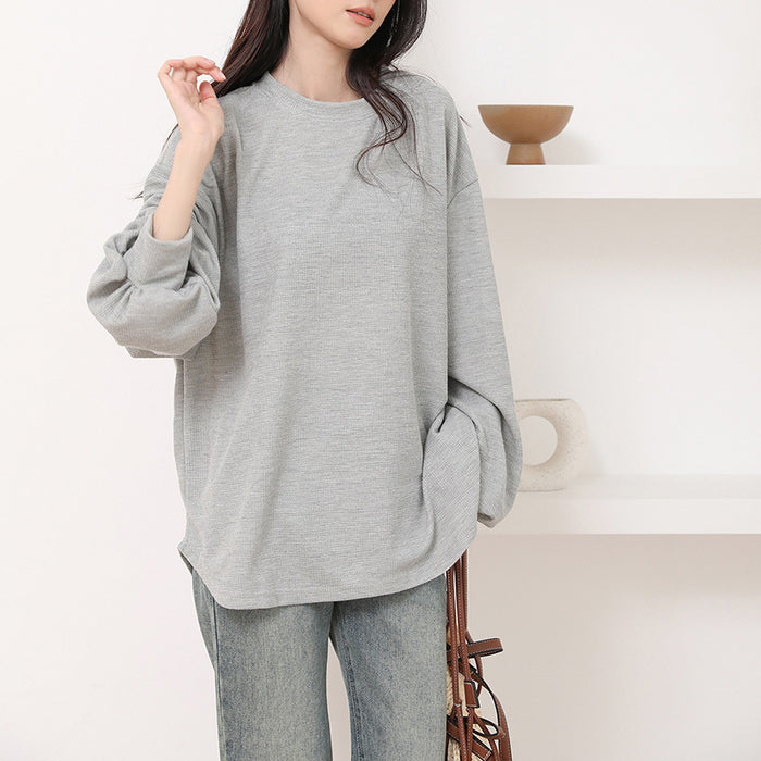 Japanese Korean Summer Waffle Women T shirt round Neck Solid Color All Matching Loose Long Sleeve