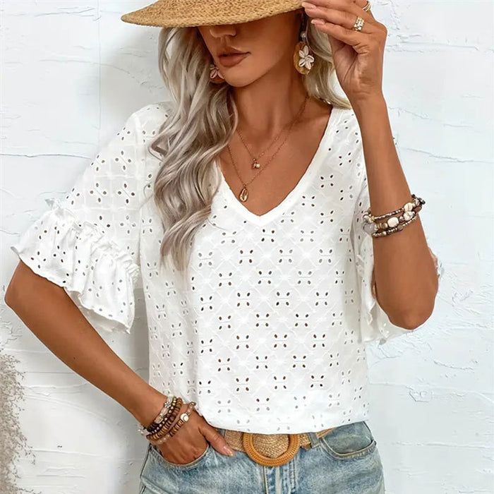 Women Knitted Embroidered Hollow Out Cutout Ruffled V neck Short Sleeved Shirt Women T shirt Women Spring Autumn