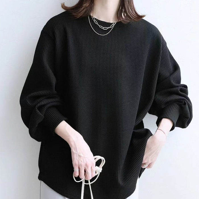 Autumn T shirt Women Loose Casual High Grade Waffle Niche Solid Color Slimming Round Neck Bottoming Shirt Long Sleeve