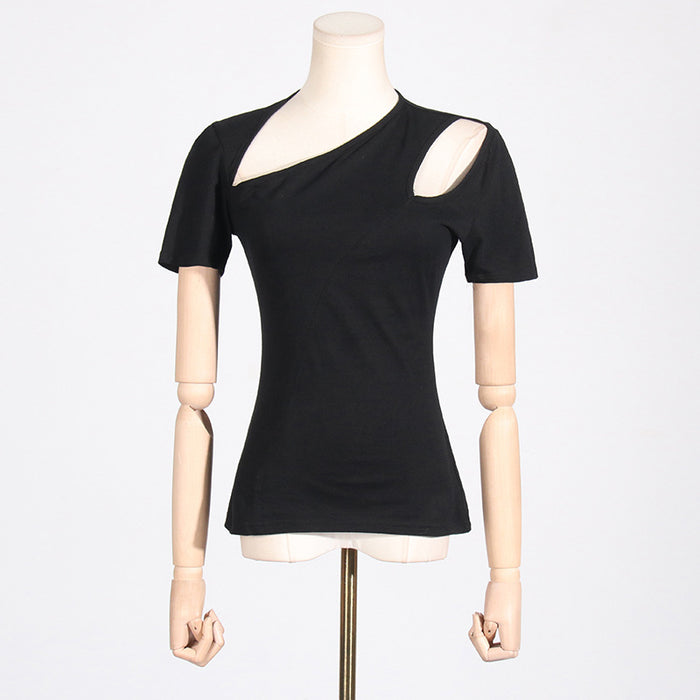 Spring Elegant Oblique Collar Pullover Hollow Out Cutout Stitching Design Solid Color Short Women T shirt