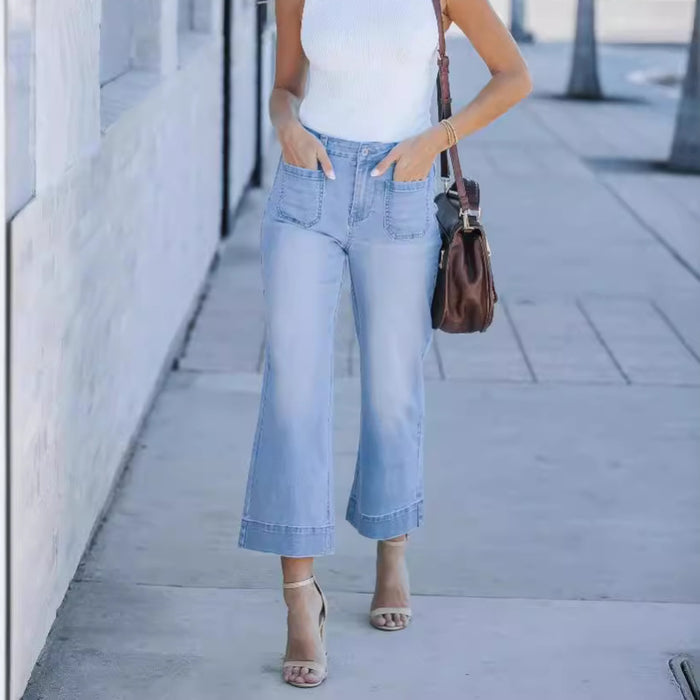 Stretch Jeans Washed High Waist Wide Leg Pants Stretch Cropped Jeans