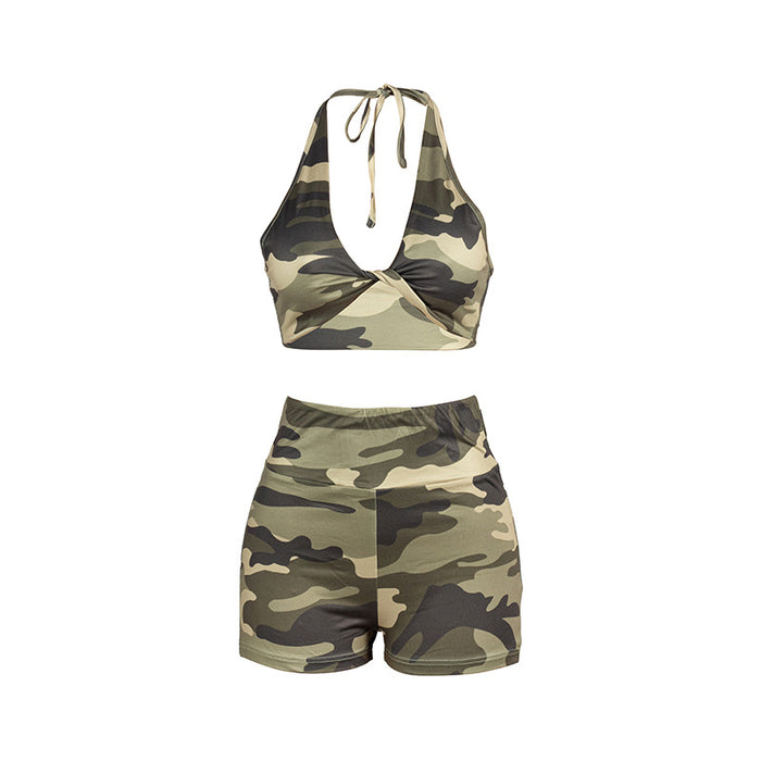 Summer Sleeveless Halter Short Cropped Top High Waist Camouflage Women Shorts Suit