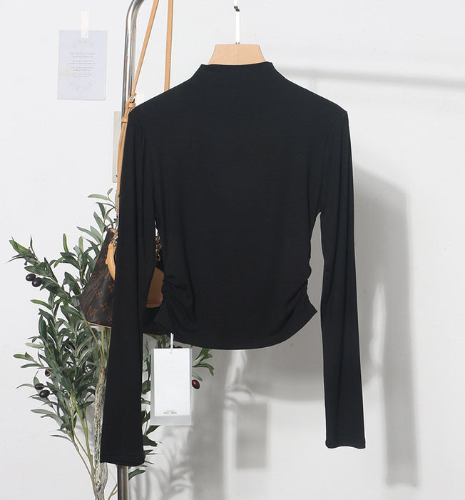 Autumn Winter Basic Stretch Slim Bottoming Shirt Long Sleeve Half Turtleneck T Shirt Pleated Short Top