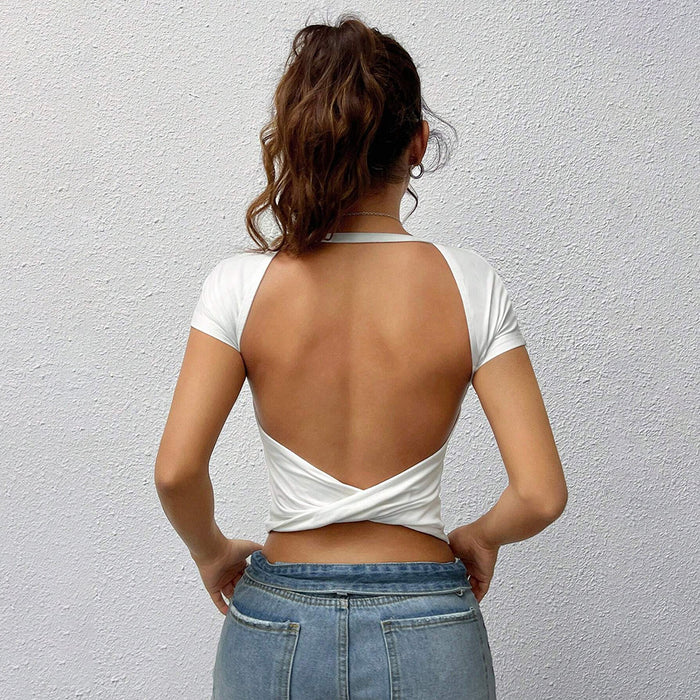 Spring Summer Sexy Knitted Slim Design Bare Back Cross Twist Top