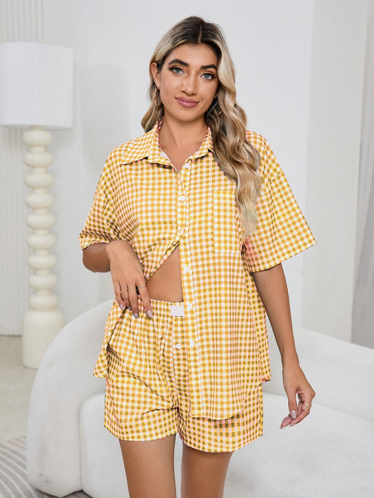 Women Casual Comfortable High Waist Loose Wide Legs Retro Plaid Shorts Checked Shirt Women