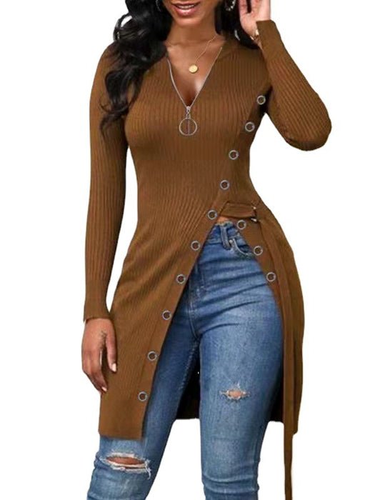 Autumn Winter Women Clothing V-neck Long Sleeve High Slit Thread Zipper T-shirt Top