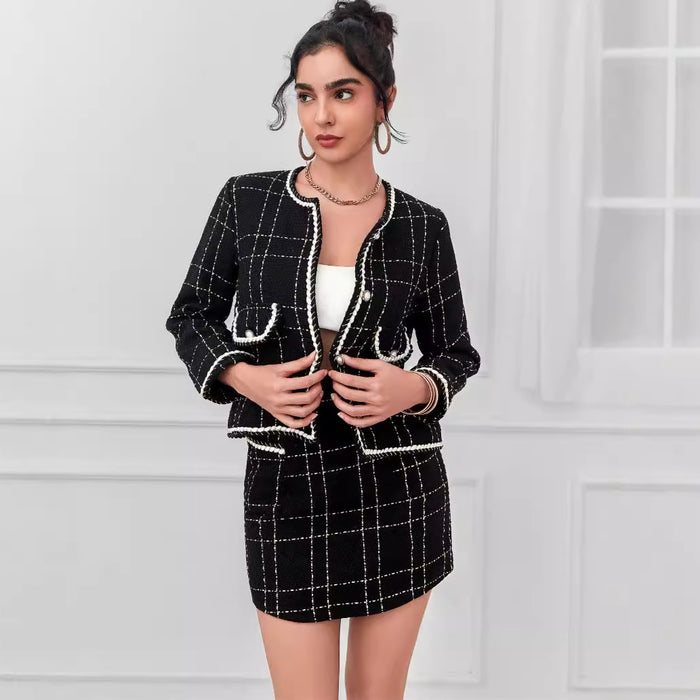 Light Luxury Socialite Elegant Outfit Women Spring Hepburn Slimming Youthful-Looking Tweed Skirt Two Piece Set