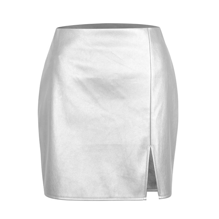 Metallic Faux Leather Split Leather Skirt Women Clothing Sexy High Waist Zipper Skirt Hip Metallic Coated Fabric Skirt for Women