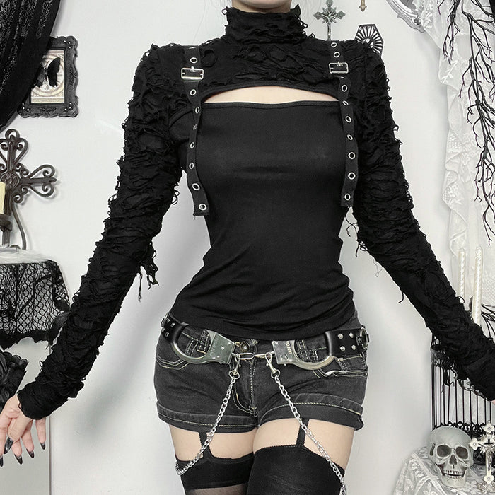 Autumn Personalized Sexy All Match Ripped Fabric Stitching Long Sleeved Top for Women