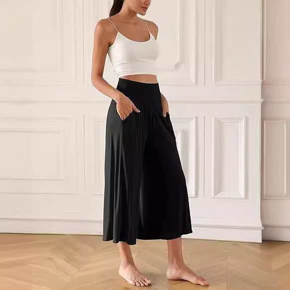 Women Clothing Elastic Waist High Waist Loose Casual Cropped Pants With Pockets Women