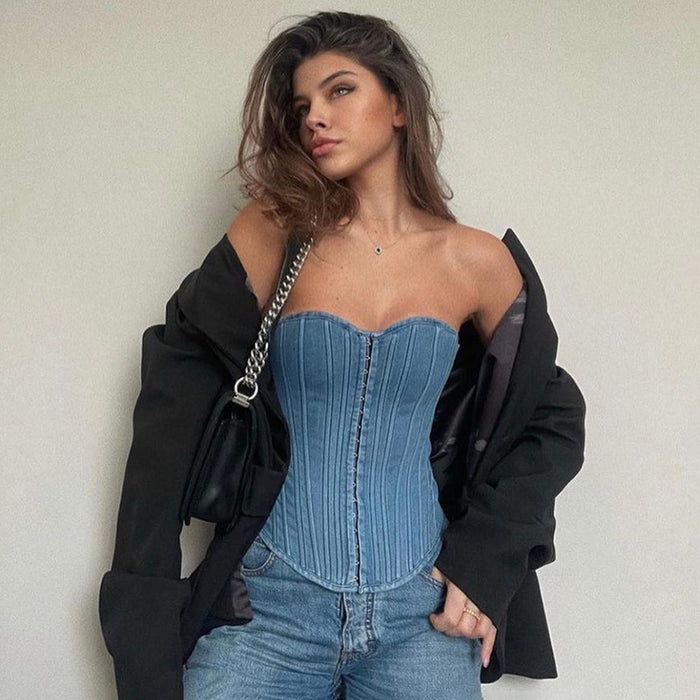 Street Cool Waist Tight Corset Lace-up Vest sexy off-Shoulder Sexy Denim Split Wrapped Chest