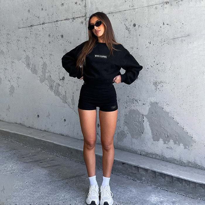 Round Neck Long Sleeve Loose Sweatshirt Women High Waist Print Tight Shorts Casual Sexy Sets