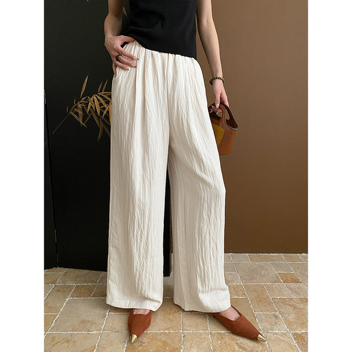 French Texture Pleated Design Elastic High Waist Slimming Lazy Casual Wide Leg Pants