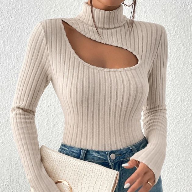 Autumn Front Chest Hollow Out Cutout Bottoming Shirt Women Turtleneck Long Sleeved Fitted T Shirt Women