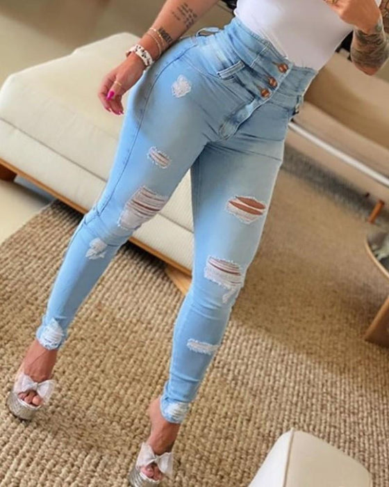 High Waist Make Old Ripped Jeans Women Personality Trend Skinny Trousers