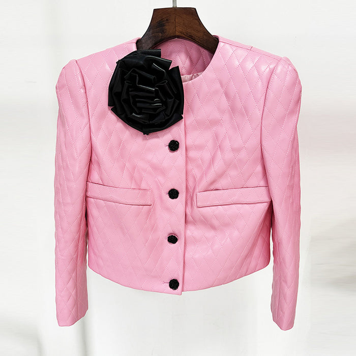 Star Floral Decoration Rose Buckle Rhombus Leather Short Jacket