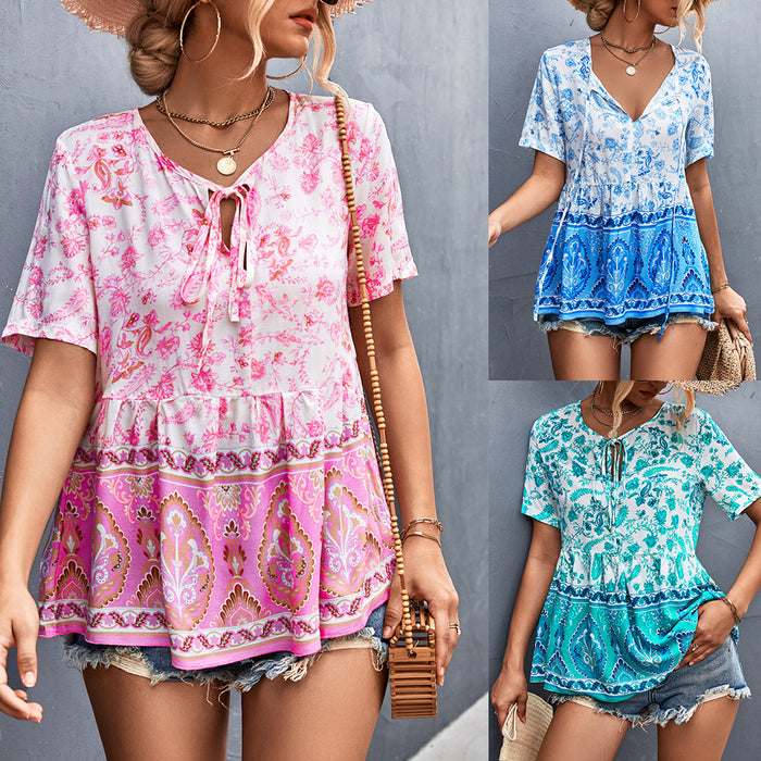 Spring Summer Bohemian V-neck Lace-up Positioning Floral Top Women